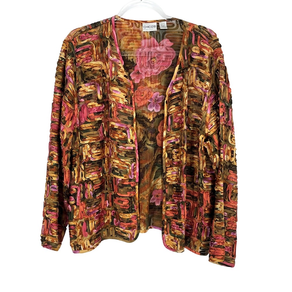 Chicos Ribbon Silk Jacket 3 US 16 Multicolor Textured Open Front Dopamine Artsy